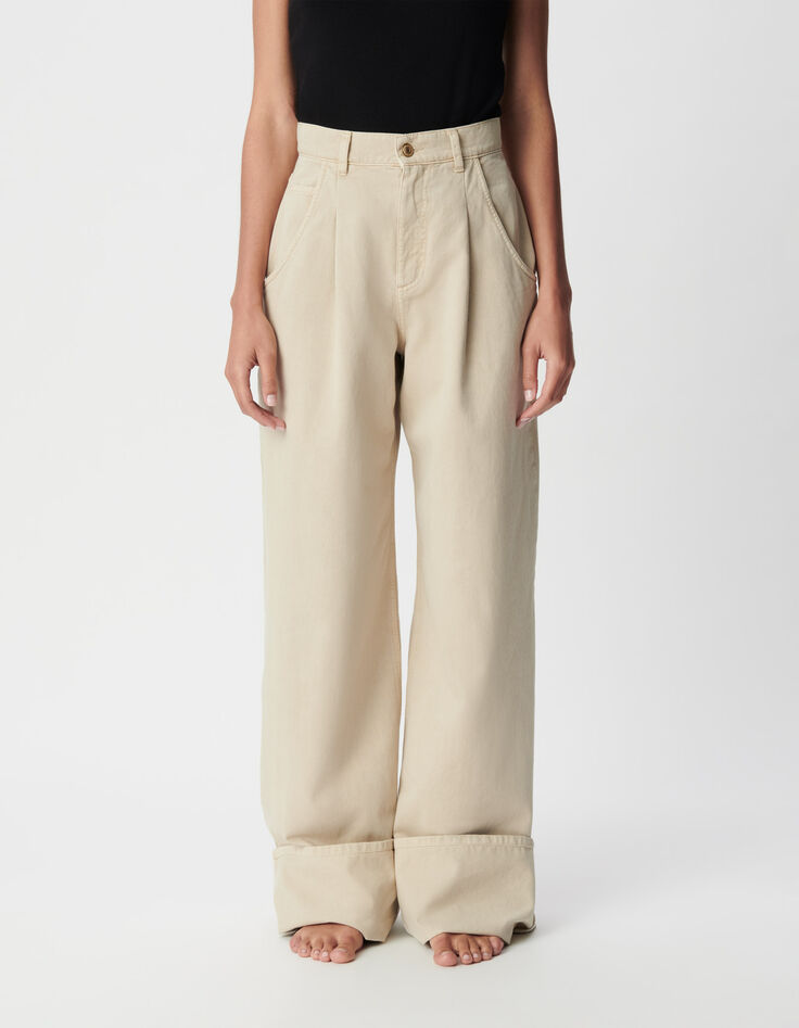 Mujer vaqueros beige de talle alto y pierna ancha-3