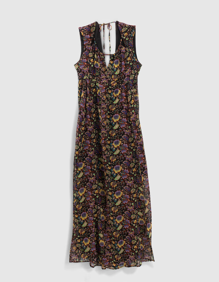 Langes schwarzes Damenkleid, rückenfrei, Maxi-Blumenprint-3