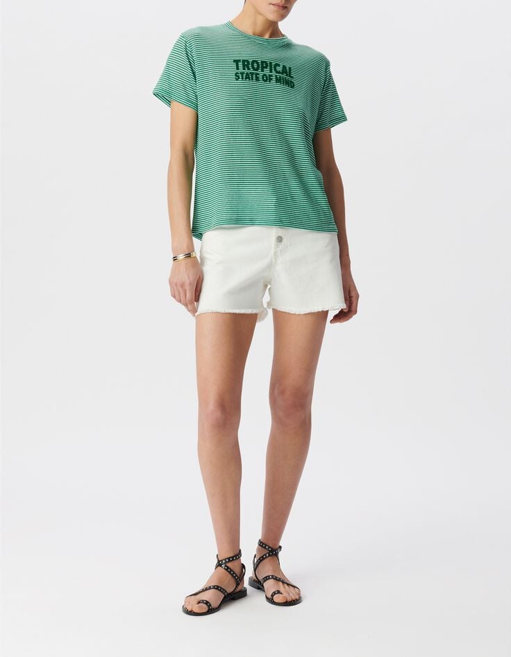 Tee-shirt marini&egrave;re vert message flocage velours Femme-1