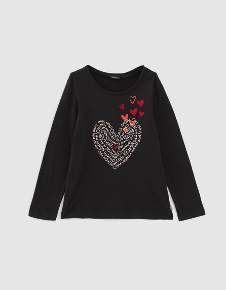 Girls’ black mini me T-shirt with letter and heart print