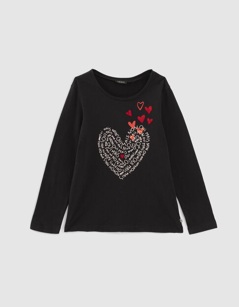 Girls’ black mini me T-shirt with letter and heart print