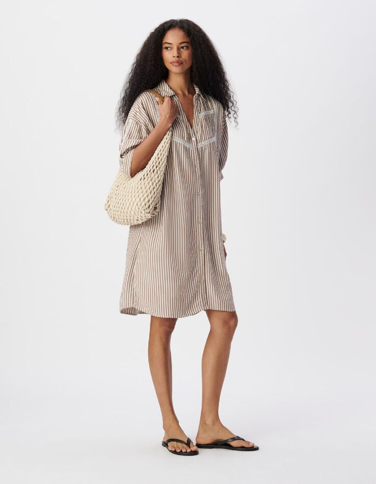 Vestido camisero marr&oacute;n rayas y encaje Mujer-1