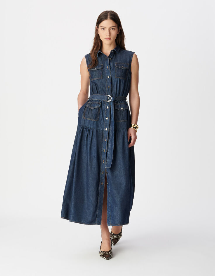 Mujer maxi vestido abotonado de denim crudo-3