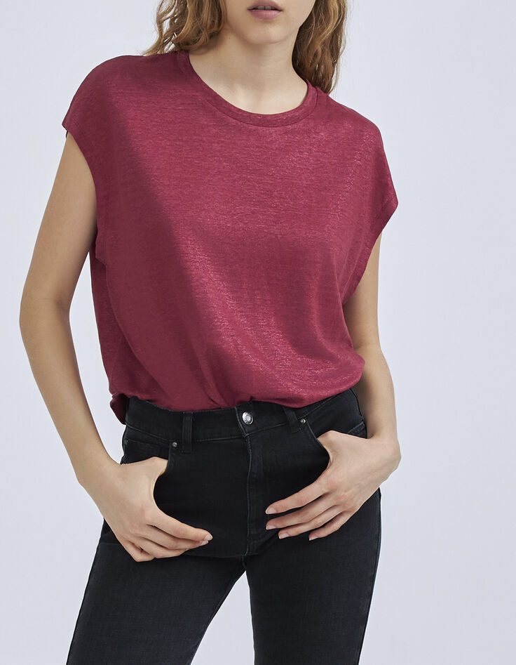 Bordeaux T-shirt iriserend linnen tricot geborduurd Dames-2