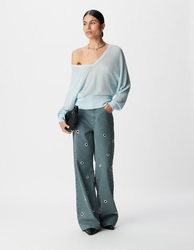 Pull chic bleu tricot fantaisie paillet&eacute; ajour&eacute; Femme - IKKS