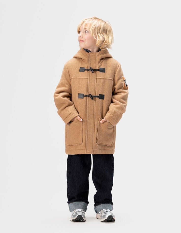 Beige wollen jas met kap dufflecoatstijl jongens-1 Beige wollen jas met kap dufflecoatstijl jongens-1