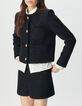 Marineblaue kurze Damenjacke Tweed-Effekt Paillettenstick-3