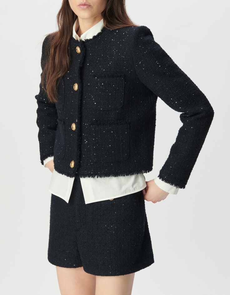 Marineblaue kurze Damenjacke Tweed-Effekt Paillettenstick-3
