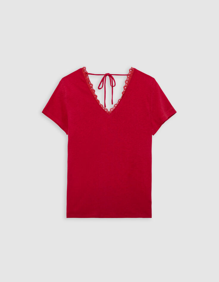Tee-shirt rouge encolure V devant et dos-6