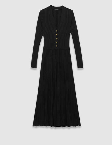 Schwarzes langes Damenstrickkleid mit Plissee-Effekt - IKKS