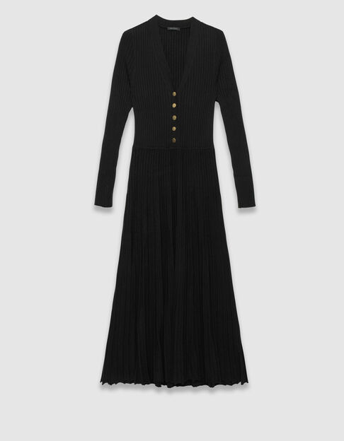 Schwarzes langes Damenstrickkleid mit Plissee-Effekt - IKKS