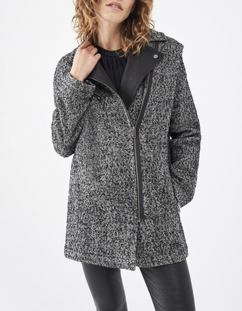 Manteau en mix laine noir col faux cuir femme - IKKS