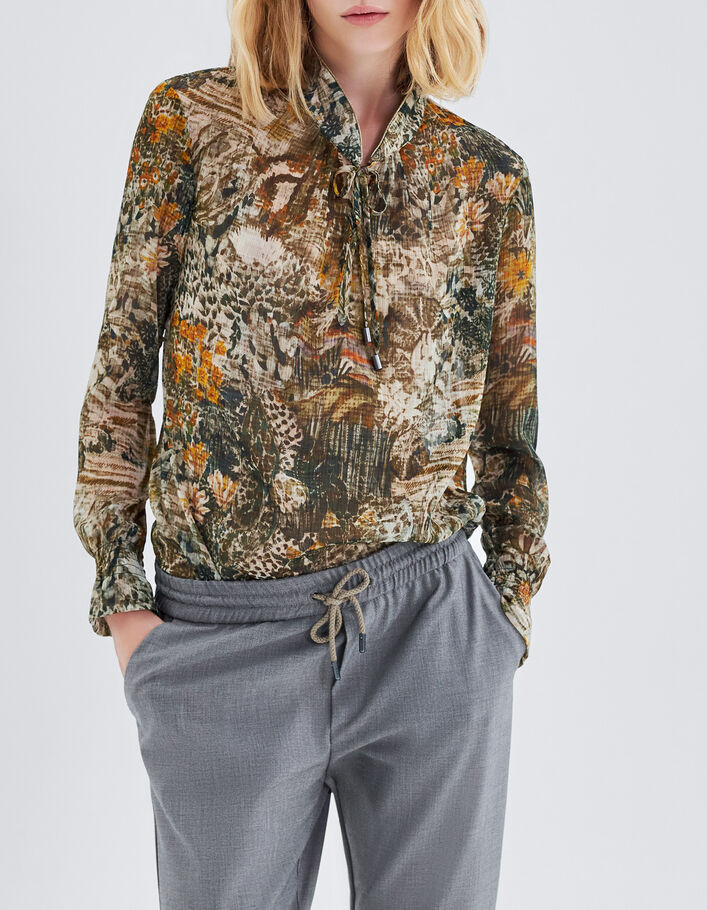 Blouse en voile imprimé feuillage - Kaki