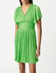 Robe courte verte satin&eacute;e pliss&eacute;e Femme-2
