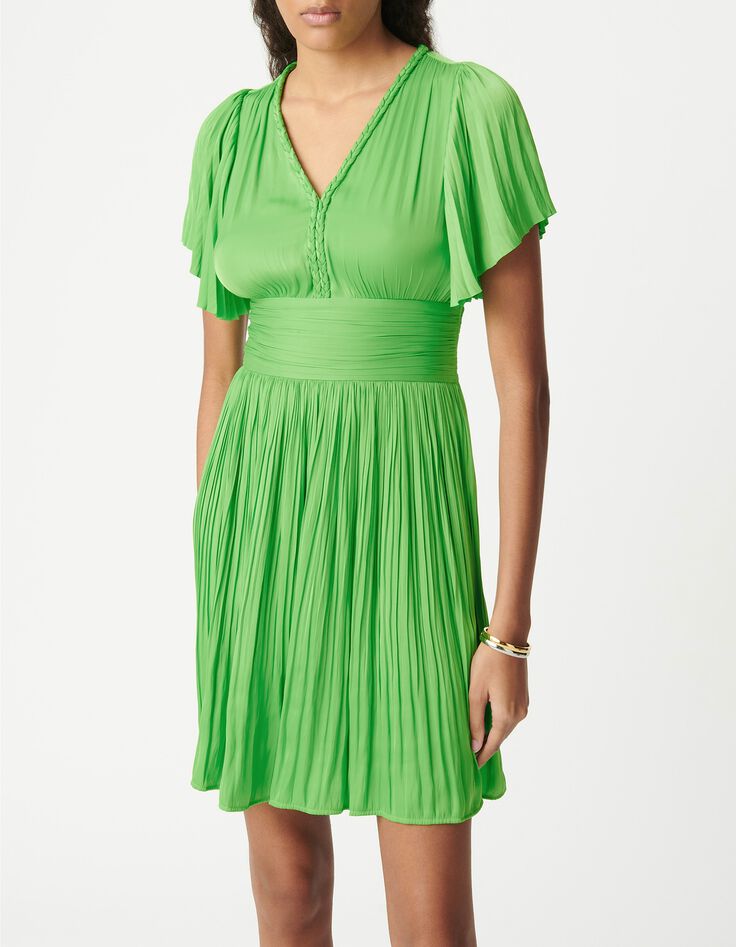 Robe courte verte satin&eacute;e pliss&eacute;e Femme-2