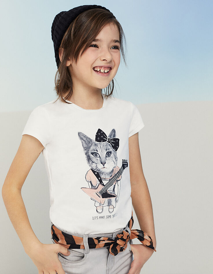 Tee-shirt blanc cassé visuel chatte-rockeuse fille-3