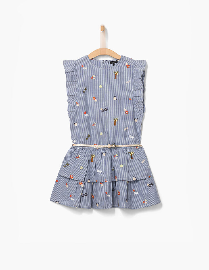 Robe bleu foncé à rayures et broderies fille-3