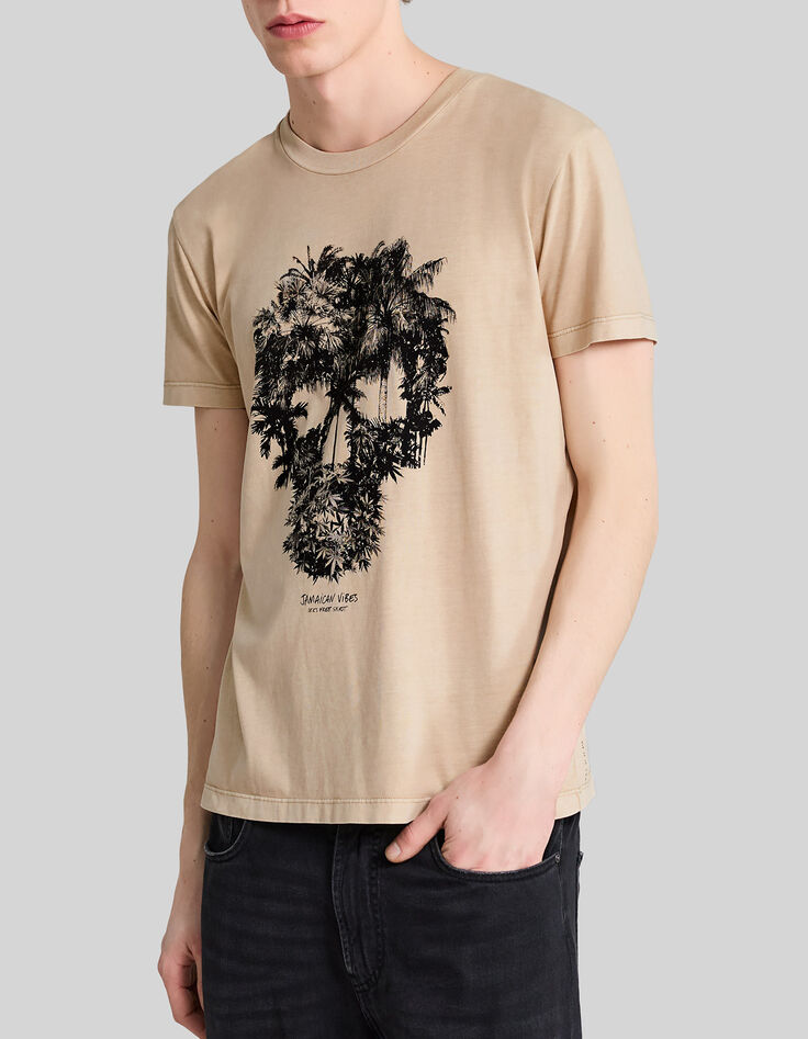 Zandkleurig T-shirt opdruk doodshoofd-palmen Heren-1