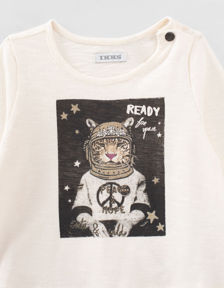 T-shirt écru bio visuel tigre-astronaute bébé fille-2