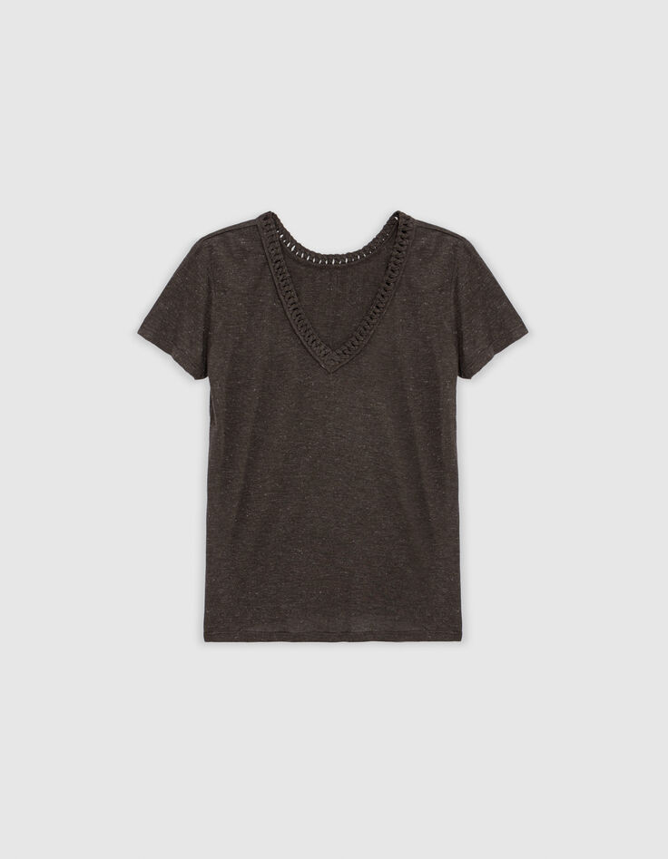 Brons omkeerbaar T-shirt lurex vlecht V-hals Dames-7