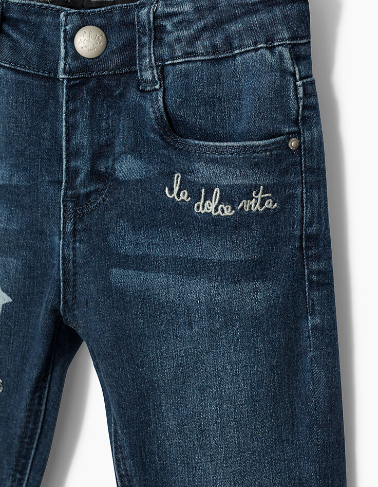 Jean skinny bleu, décors broderies et patchs fille-5