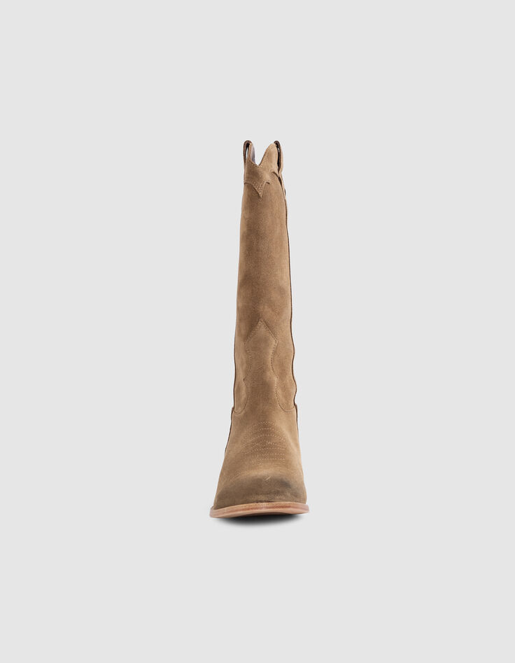 Botas western de ante camel con costura de mujer-2