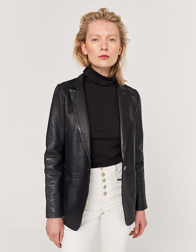 Women's black lambskin leather mid-length jacket - IKKS
