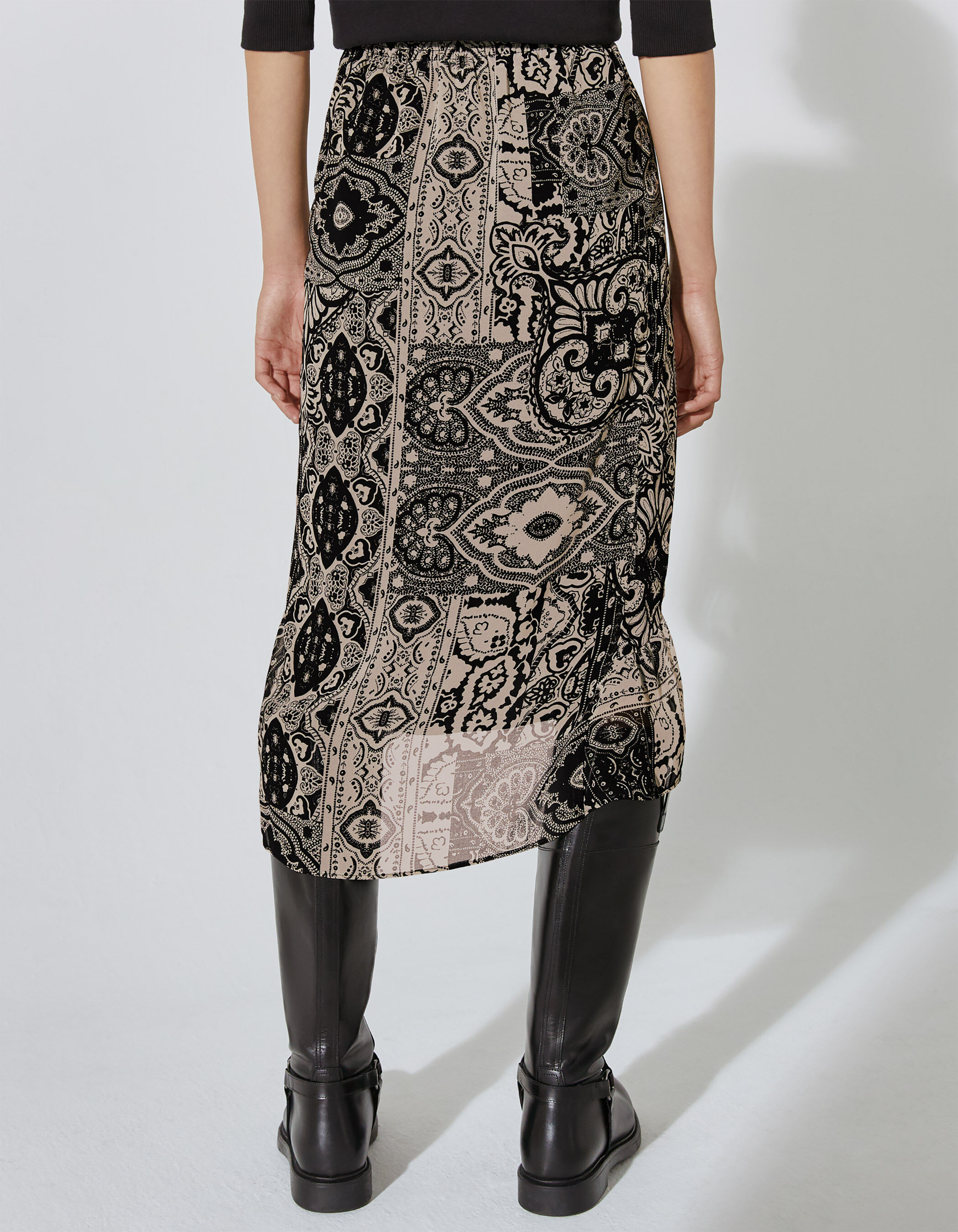 Women s scarf print asymmetric skirt with voile ruffle
