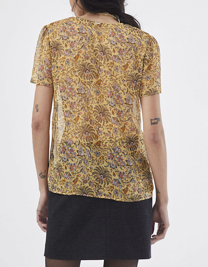 Women’s metallic floral print ruffled collar voile top-3