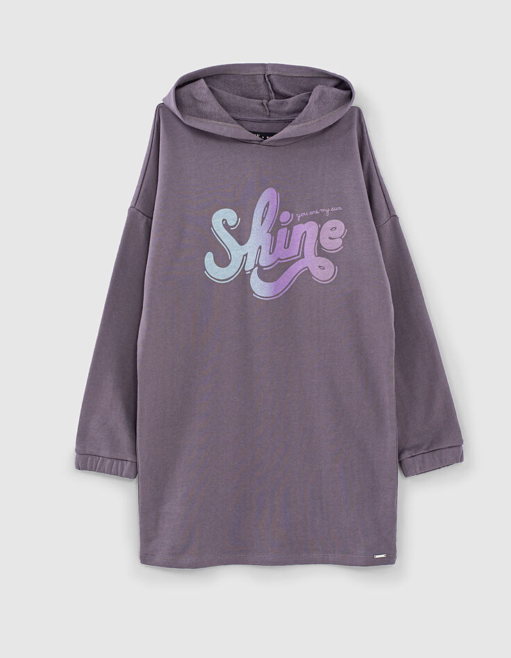 Robe-sweat gris de lin à capuche et message fille-1