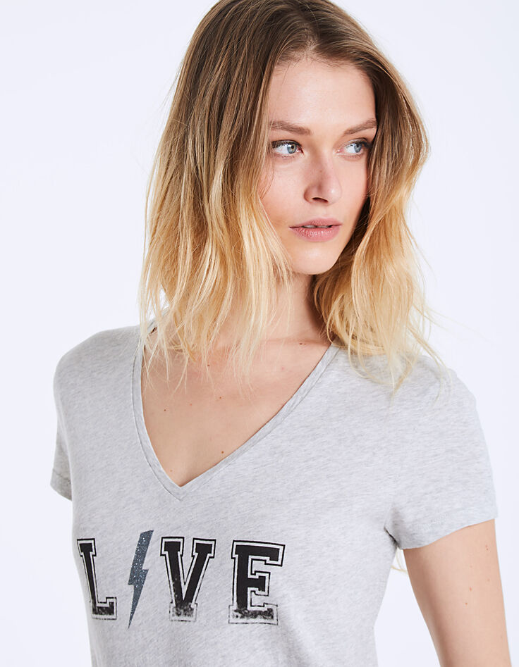 Tee-shirt col V en coton visuel Love femme-4