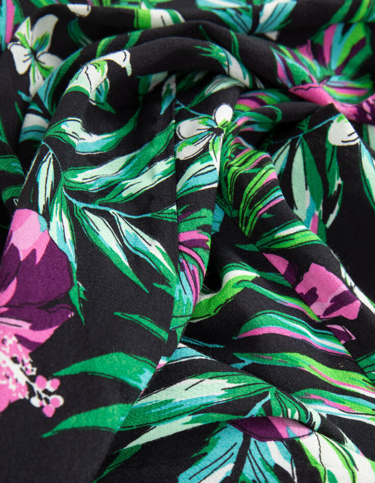 Weite, schwarze Damenhose mit tropischem Print-9