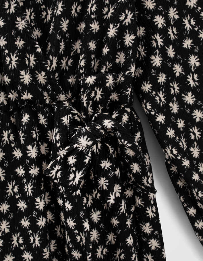 Schwarzes Mädchenwickelkleid mit Grafikblumenprint - IKKS