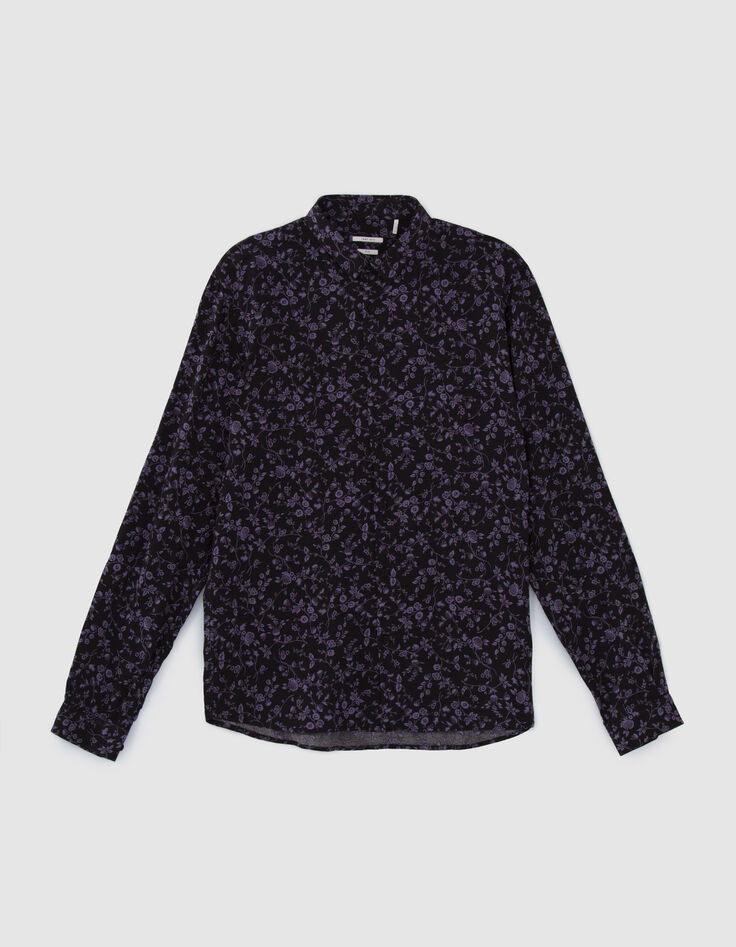 Men’s black LENZING™ ECOVERO™ SLIM shirt with dark purple flower motif-11