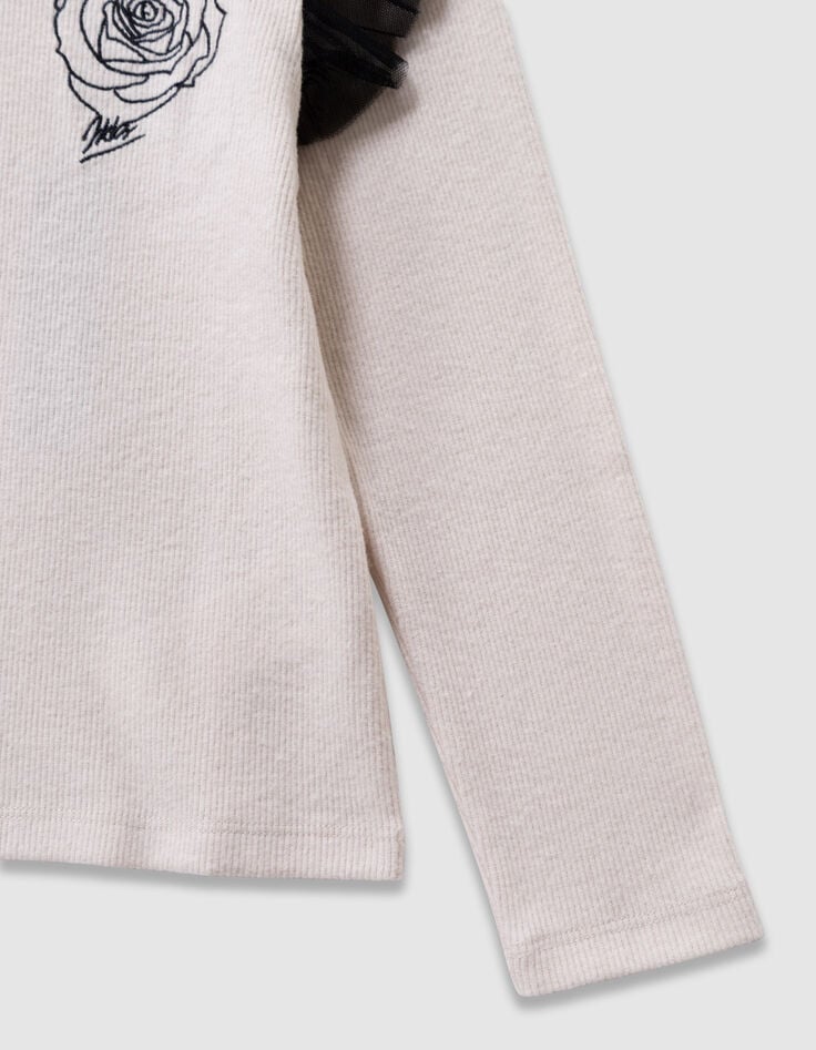 Camiseta beige bordado rosa volantes tul niña-4