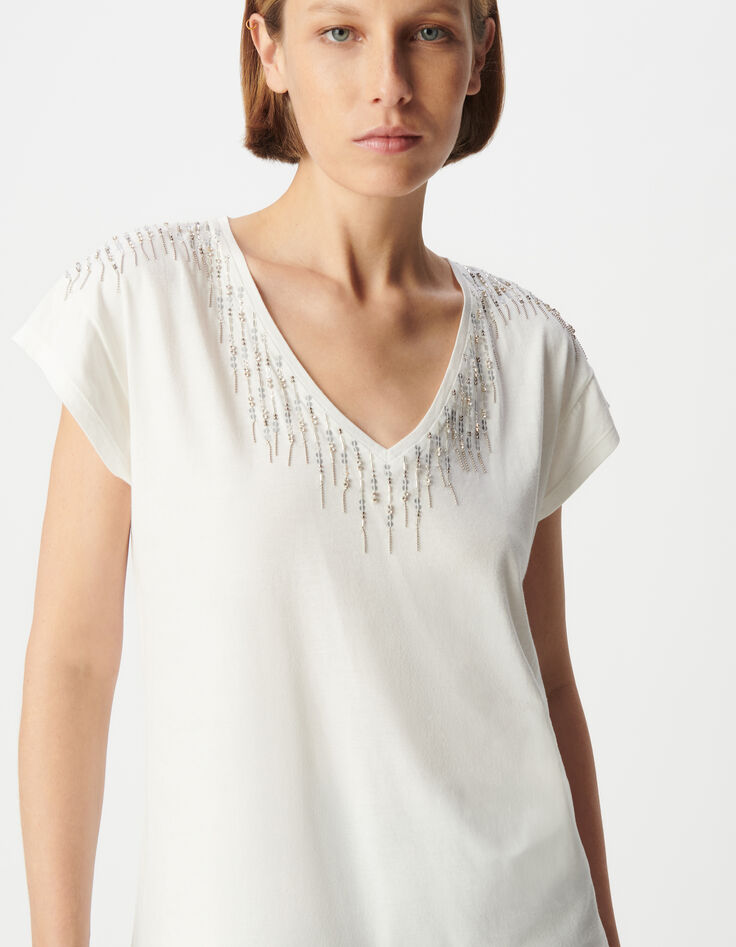 Women's white V-neck tee-shirt with jewel design-4