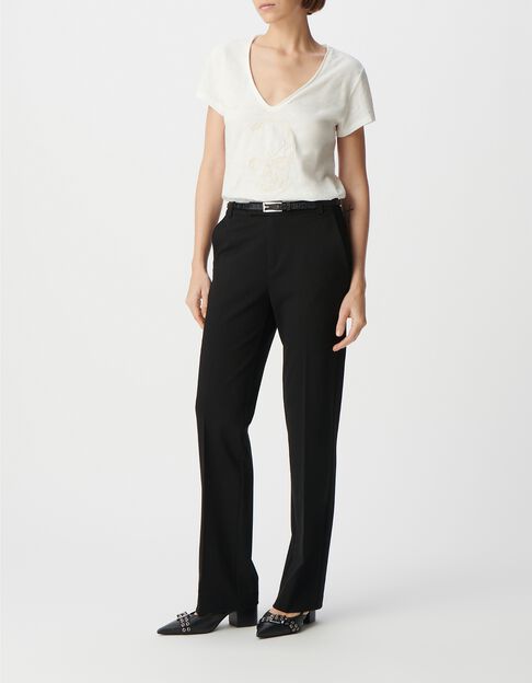 Tee-shirt col V blanc coton bio broderie t&ecirc;te de mort Femme - IKKS