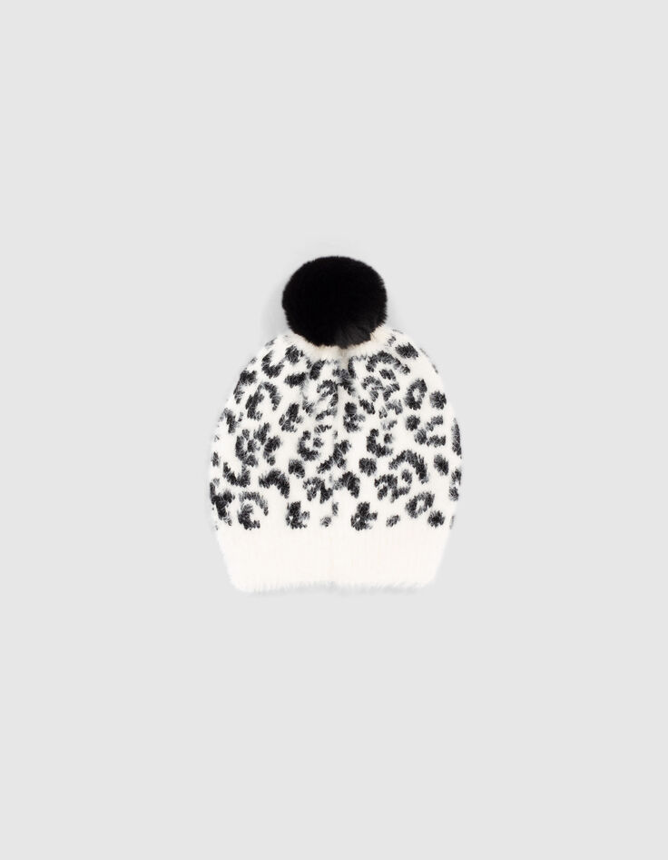 Bonnet écru tricot motif léopard fourré fille-3