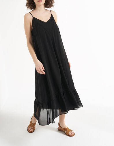 Langes schwarzes Kleid mit schmalen Trägern I.Code