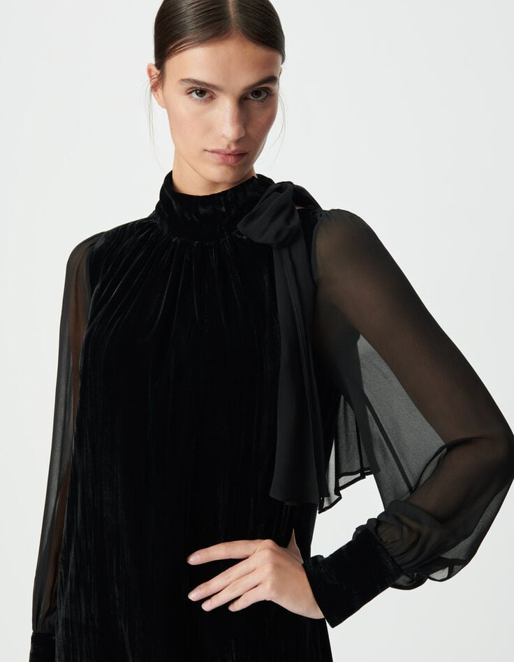 Robe bi-matière noire velours froissé et voile Femme-5