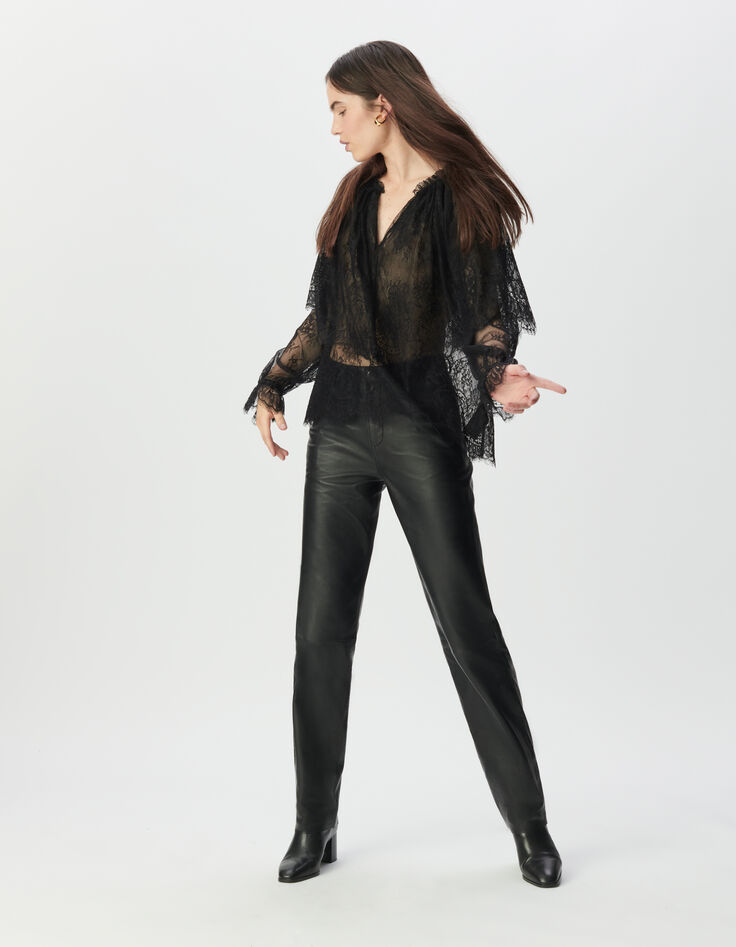 Blouse noire dentelle large volant Femme-1
