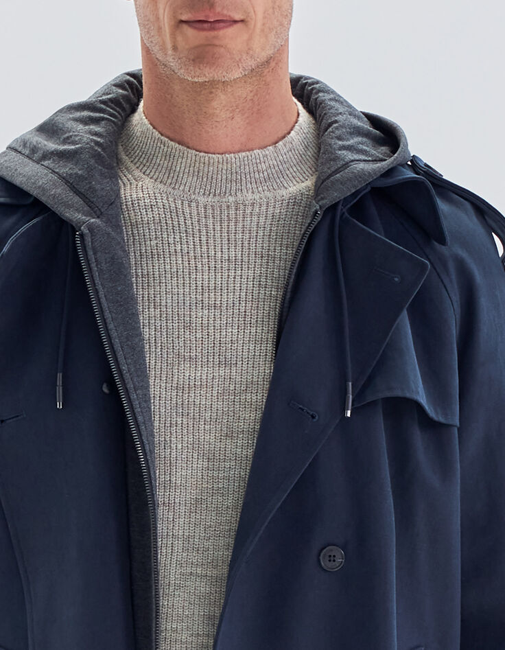 Men’s dark navy long trench coat with grey hood facing-3