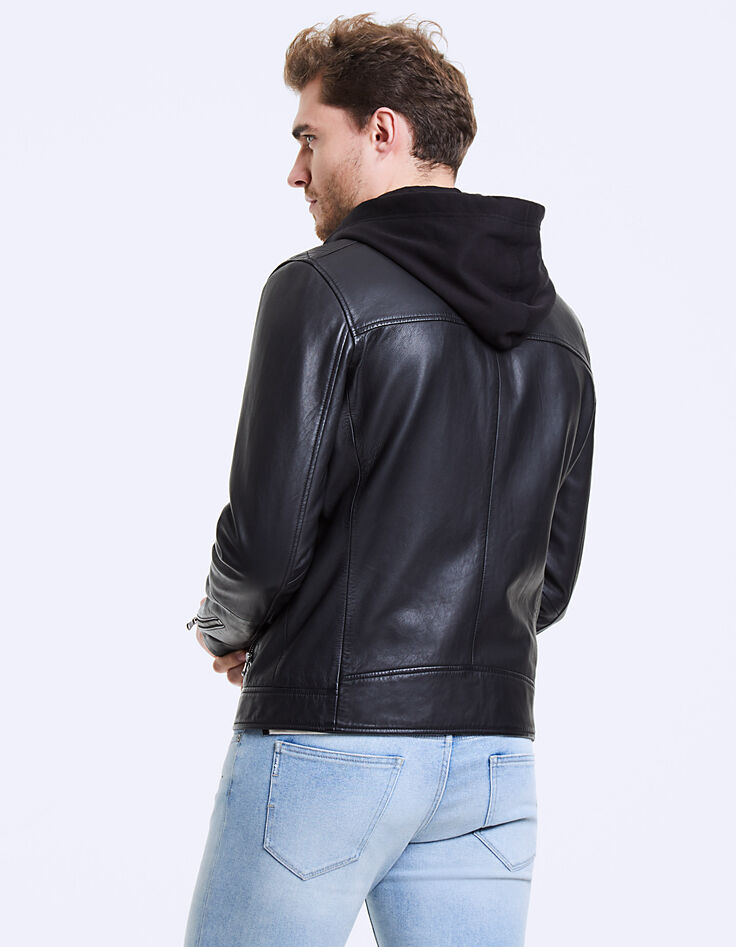 Blouson en cuir noir à capuche Homme-4