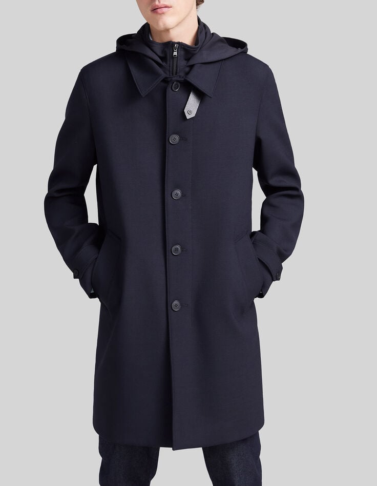 Marineblauer Herrentrenchcoat mit Futter und Kapuze-1