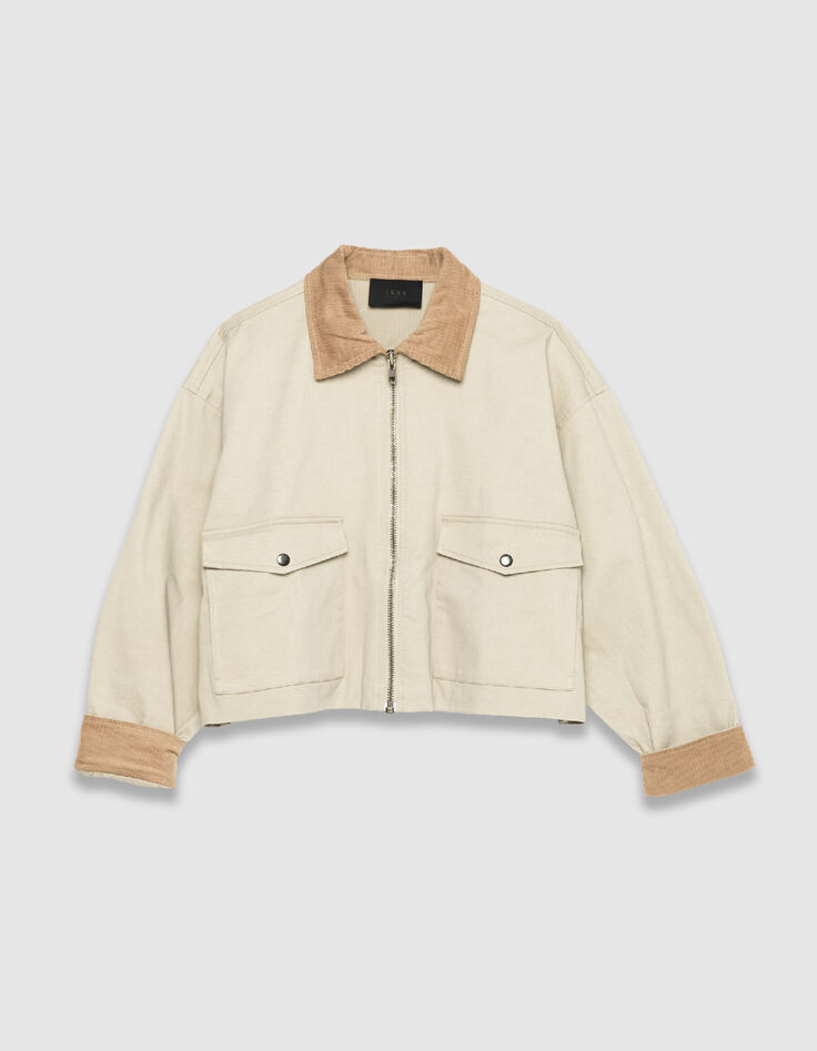 Women's oversized beige jacket with velour details-6