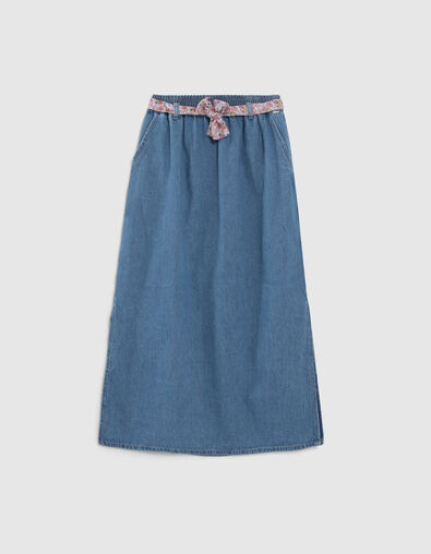 Girls’ blue denim long skirt with flower power belt - IKKS