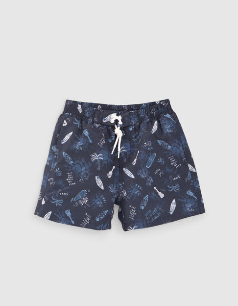 Marineblaue Jungenbadeshorts mit Surf-Rock-Print