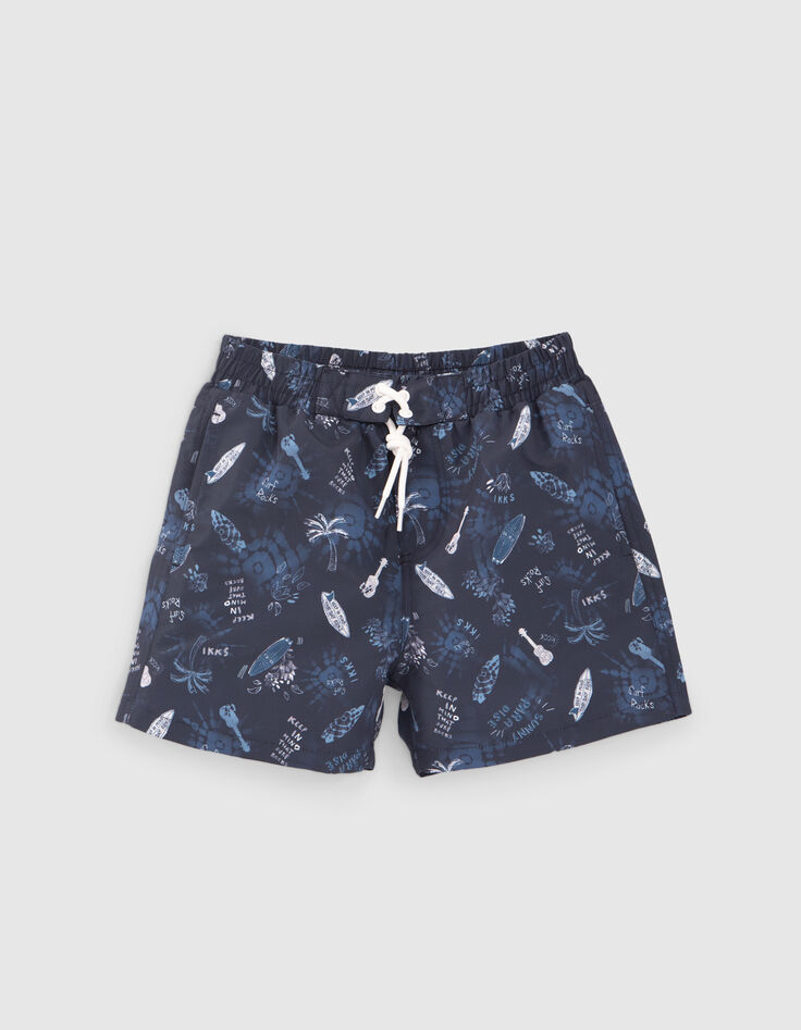 Marineblaue Jungenbadeshorts mit Surf-Rock-Print-1