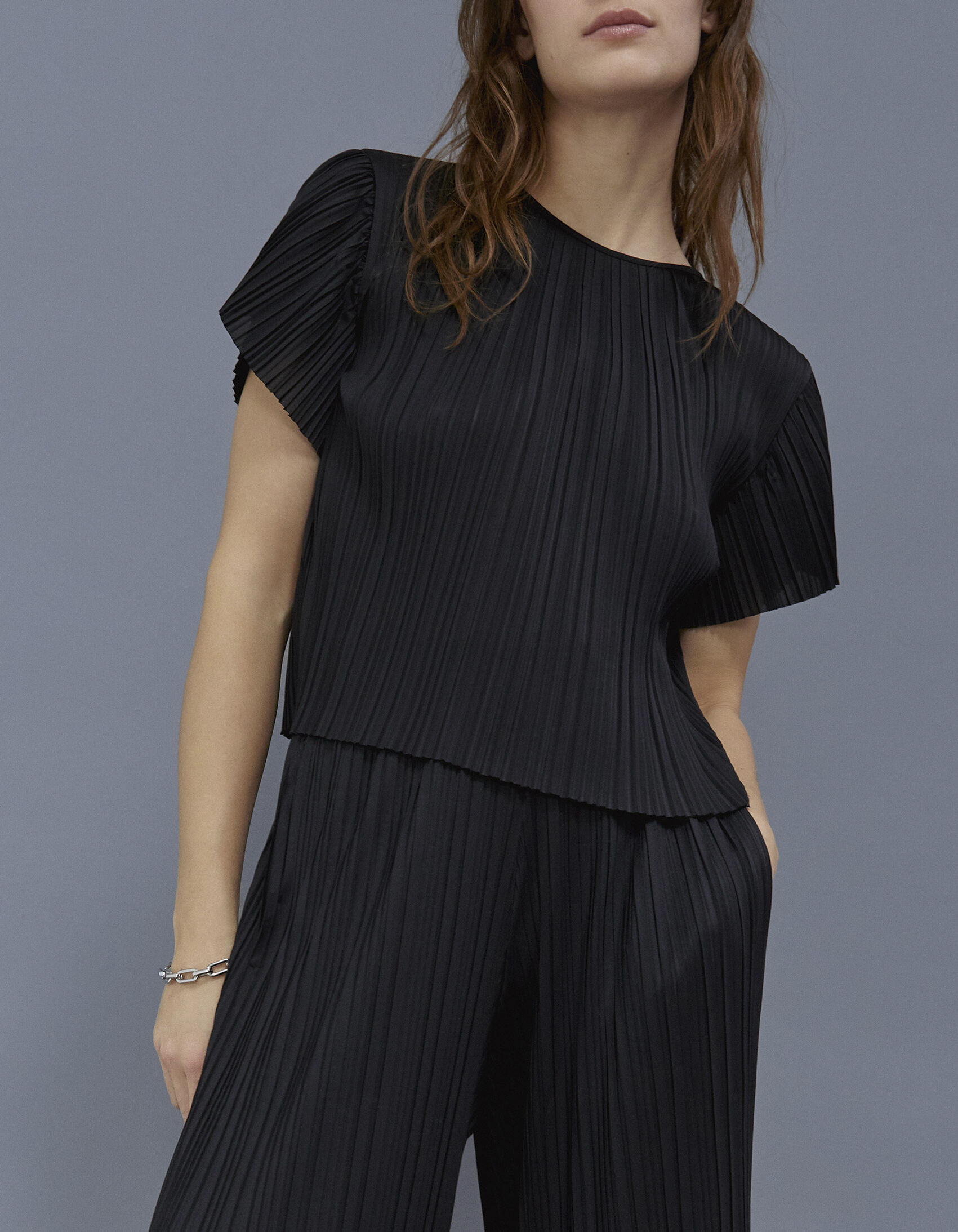 Zwarte cropped top pliss gerecycleerd Dames