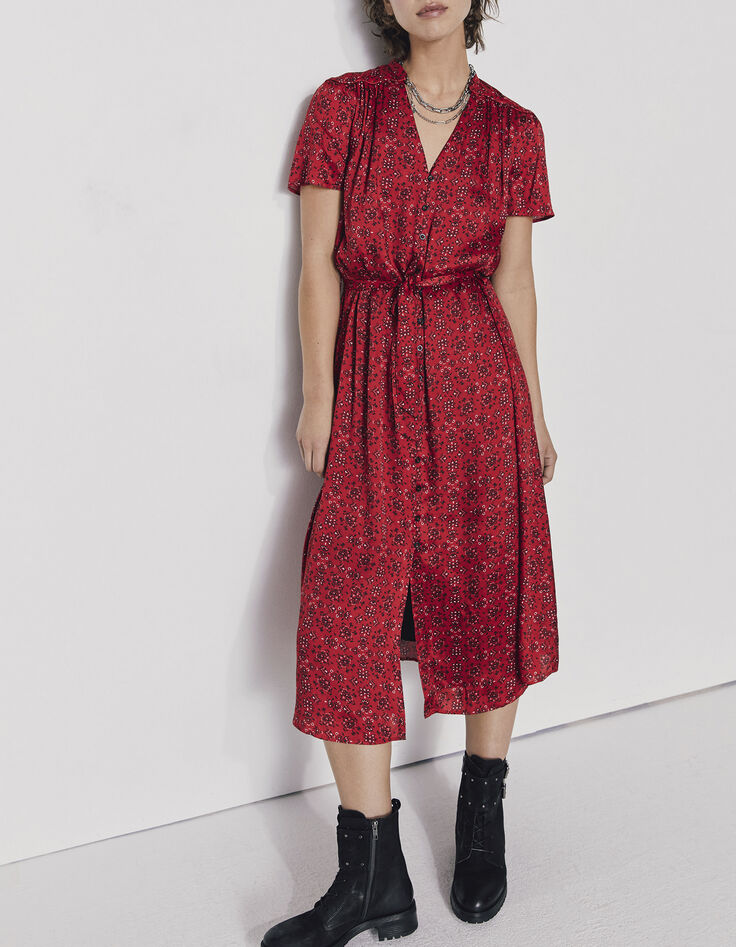 Robe longue boutonnée viscose imprimé bandana rouge femme-7